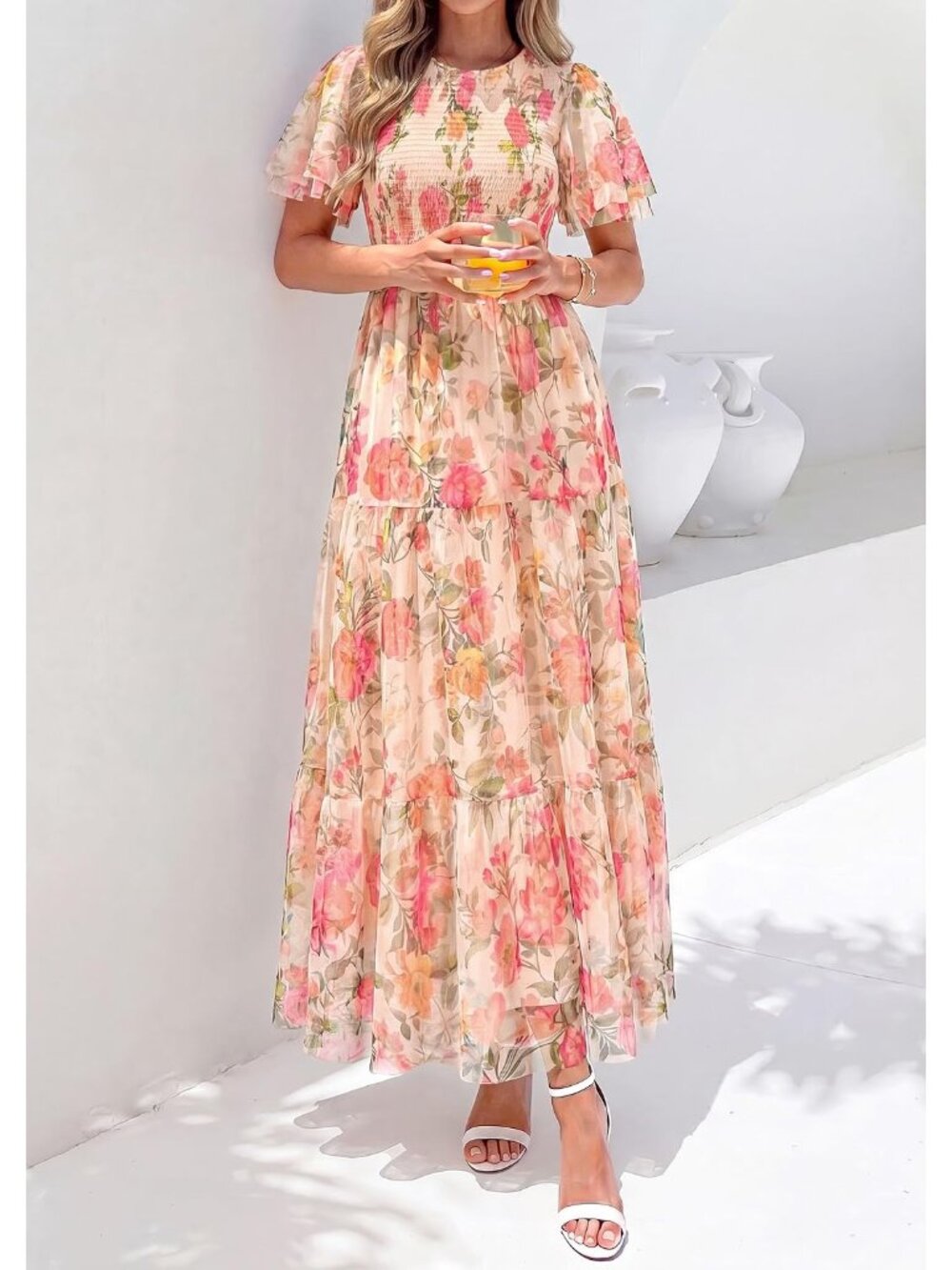 〽️Apricot Floral Boho Maxi Dress Women’s Flutter Sleeve Smocked Tiered Gown - Picture 6 of 6